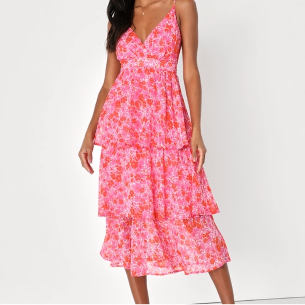 Lulu's Vibrant Pink Floral Midi Dress